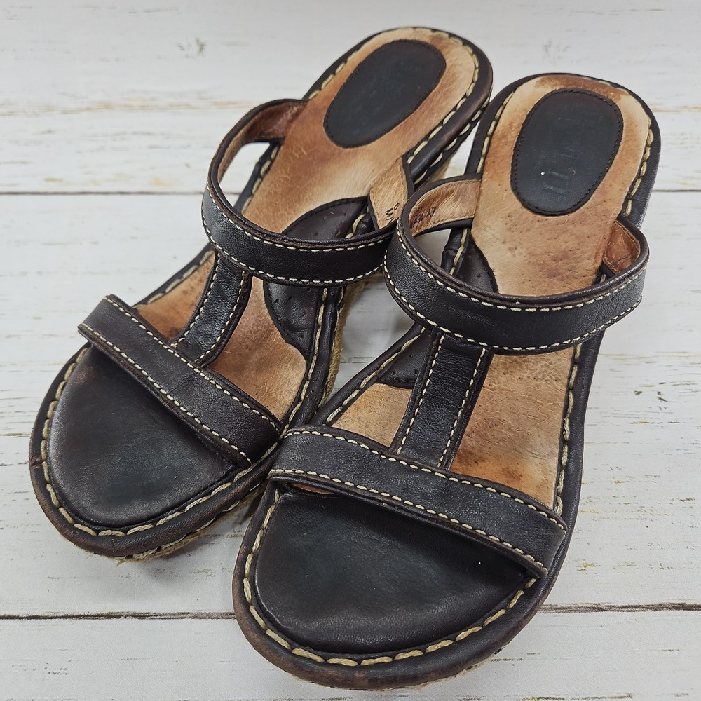Born Womens 6 36.5 Wedge Heel Sandals Shoes Brown Leather Jute Espadrilles Heels
